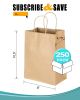 Pack of 250 Paper Shopping Bags 8 x 4.75 x 10.5. Brown Kraft Carry-Out Bags 8 x 4 3/4 x 10 1/2 Merchandise Gift Bags. Reusable Durable Bags with Handl